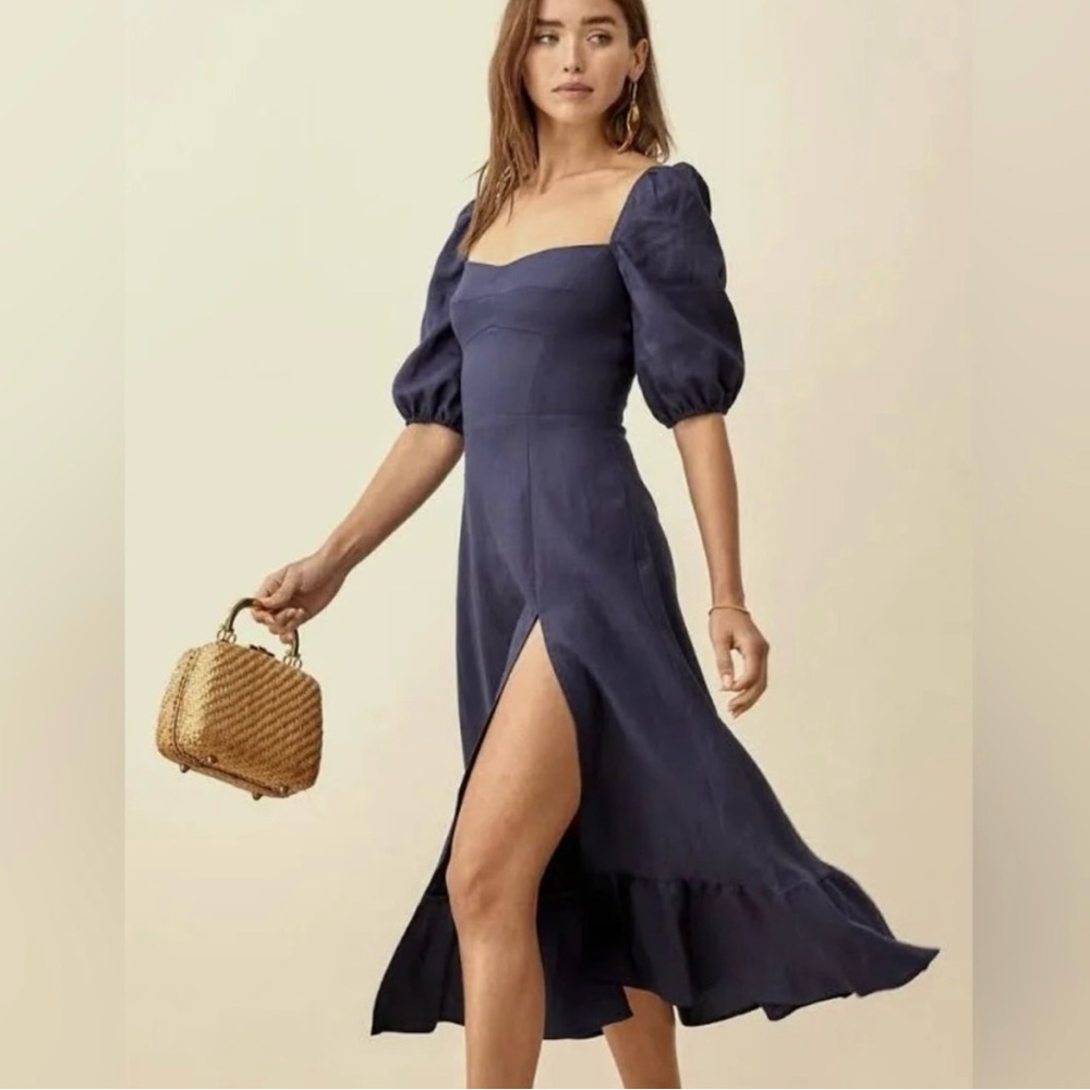 Reformation Belgium Linen Dress - Elegant Navy Blue Dress
